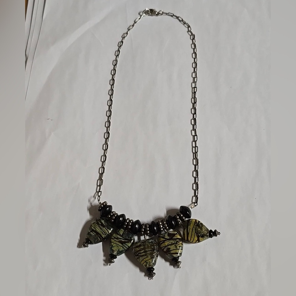 Vintage Sterling Silver Necklace Blown Glass Multiple Dangel Charms 18in Long...